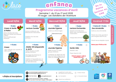 Planning Enfance, Vacances de Pâques, Semaine 1 Planning Enfance, Vacances de Pâques, Semaine 1