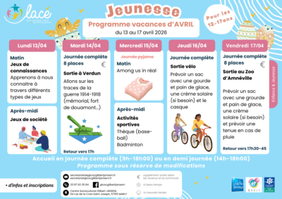 Planning Jeunesse Vacances de Pâques, Semaine 1 Planning Jeunesse Vacances de Pâques, Semaine 1